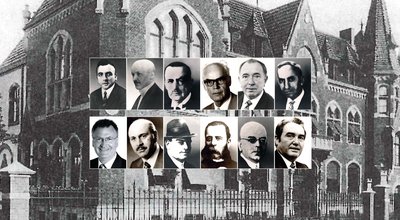 Abbildung von 12 Landräten des Landkreises Sankt Wendel, dahinter eine historische Aufnahme des Landratsamtes